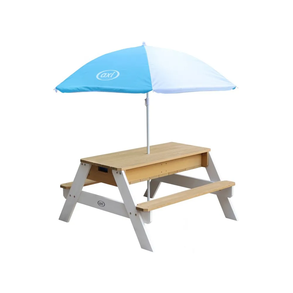 Stół piknikowy z parasolem i pojemnikami na wodę lub piasek