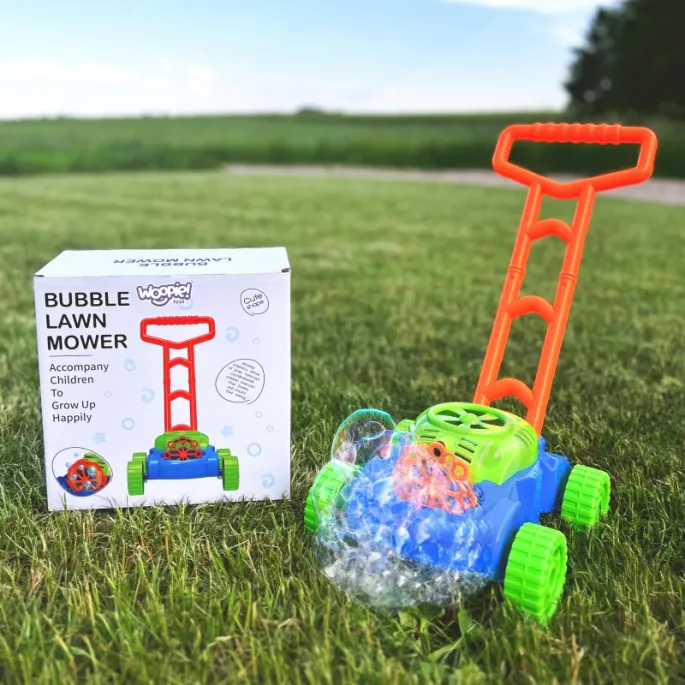Zestaw kosiarki z bańkami mydlanymi i kolorowymi akcesoriami