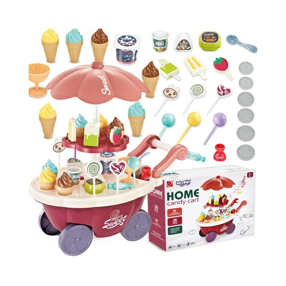 WOOPIE Sklep Food Truck Cukiernia Wózek Stoisko z Lodami Słodyczami Dźwięk Światło + 36 Akc