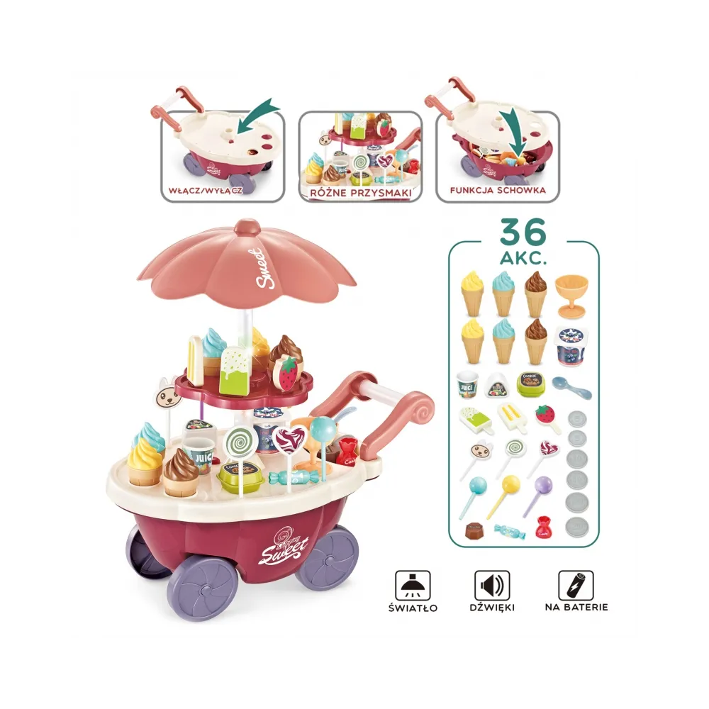 WOOPIE Sklep Food Truck Cukiernia Wózek Stoisko z Lodami Słodyczami Dźwięk Światło + 36 Akc