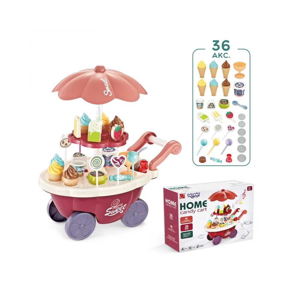 WOOPIE Sklep Food Truck Cukiernia Wózek Stoisko z Lodami Słodyczami Dźwięk Światło + 36 Akc