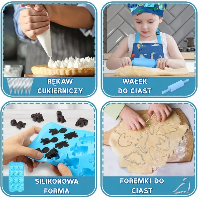 Dinozaurowy zestaw małego kucharza z ergonomicznymi akcesoriami