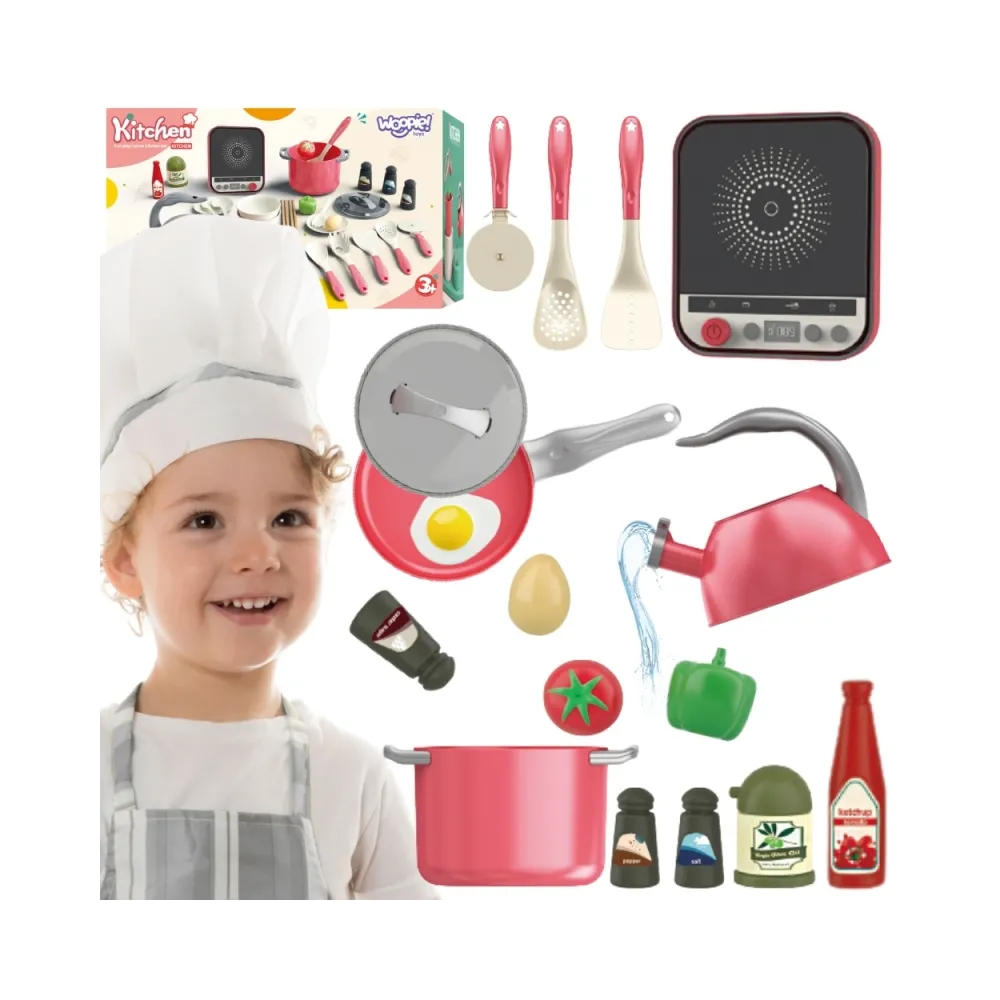 WOOPIE Zestaw Małego Kucharza Indukcja Garnki Patelnia Czajnik Różowy 30el.