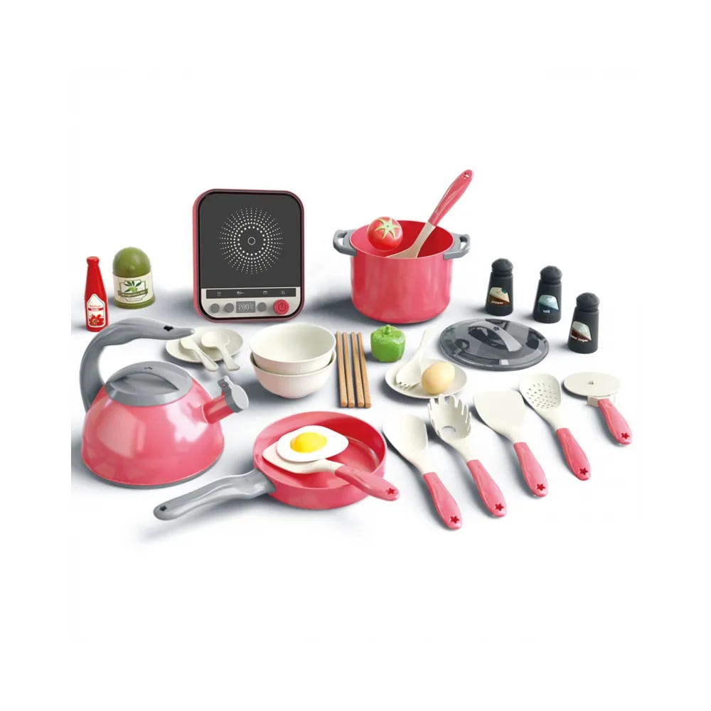 WOOPIE Zestaw Małego Kucharza Indukcja Garnki Patelnia Czajnik Różowy 30el.