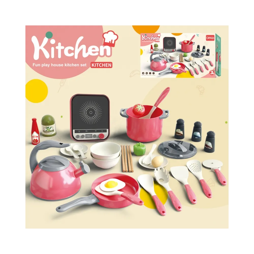 WOOPIE Zestaw Małego Kucharza Indukcja Garnki Patelnia Czajnik Różowy 30el.