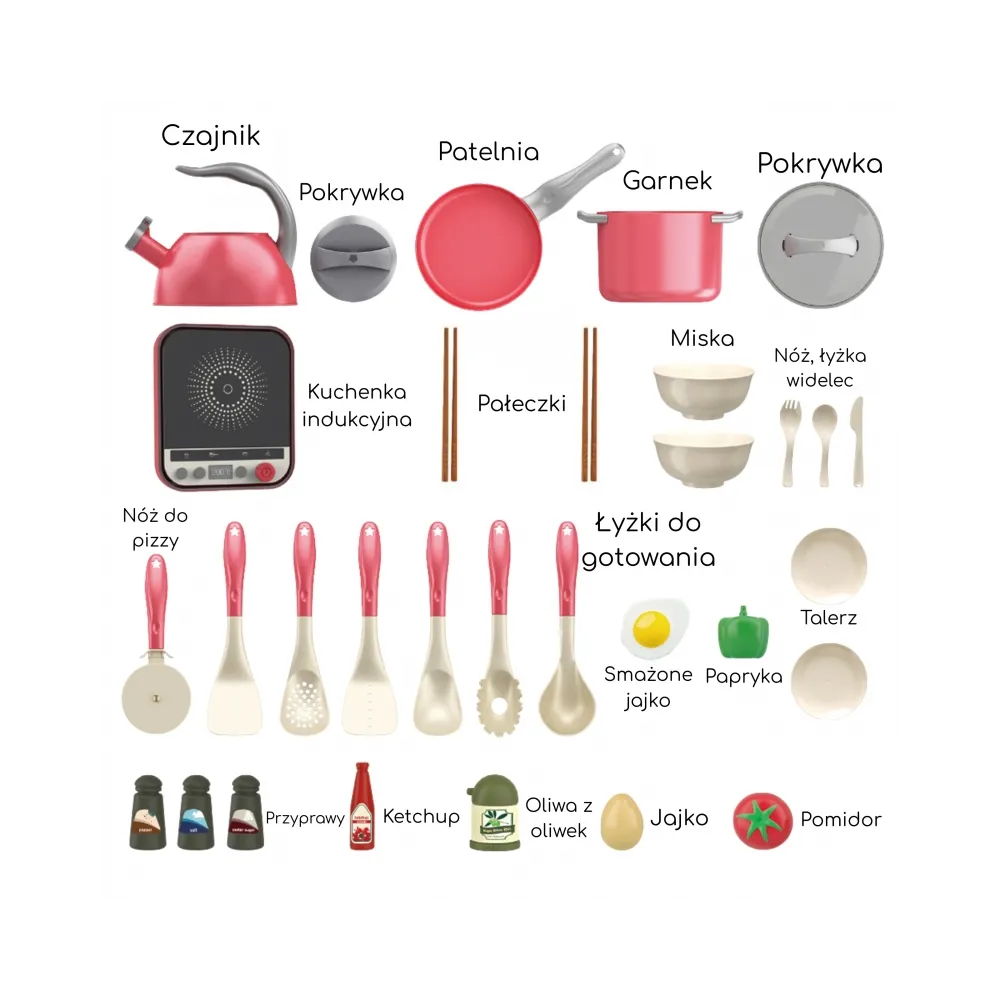 WOOPIE Zestaw Małego Kucharza Indukcja Garnki Patelnia Czajnik Różowy 30el.