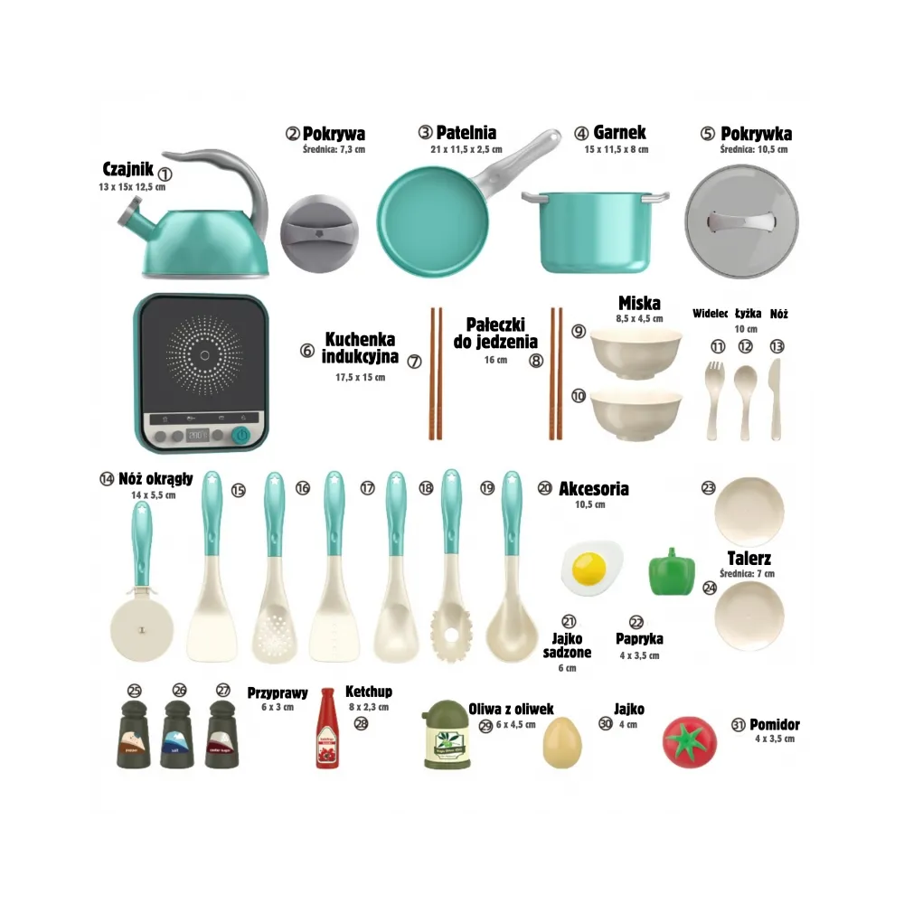 WOOPIE Zestaw Małego Kucharza Indukcja Garnki Patelnia Czajnik Zielony 30el.