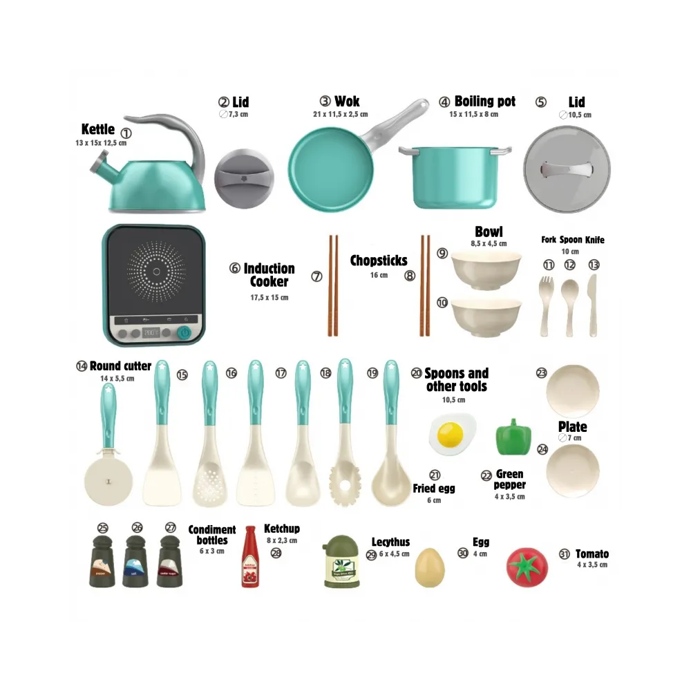 WOOPIE Zestaw Małego Kucharza Indukcja Garnki Patelnia Czajnik Zielony 30el.