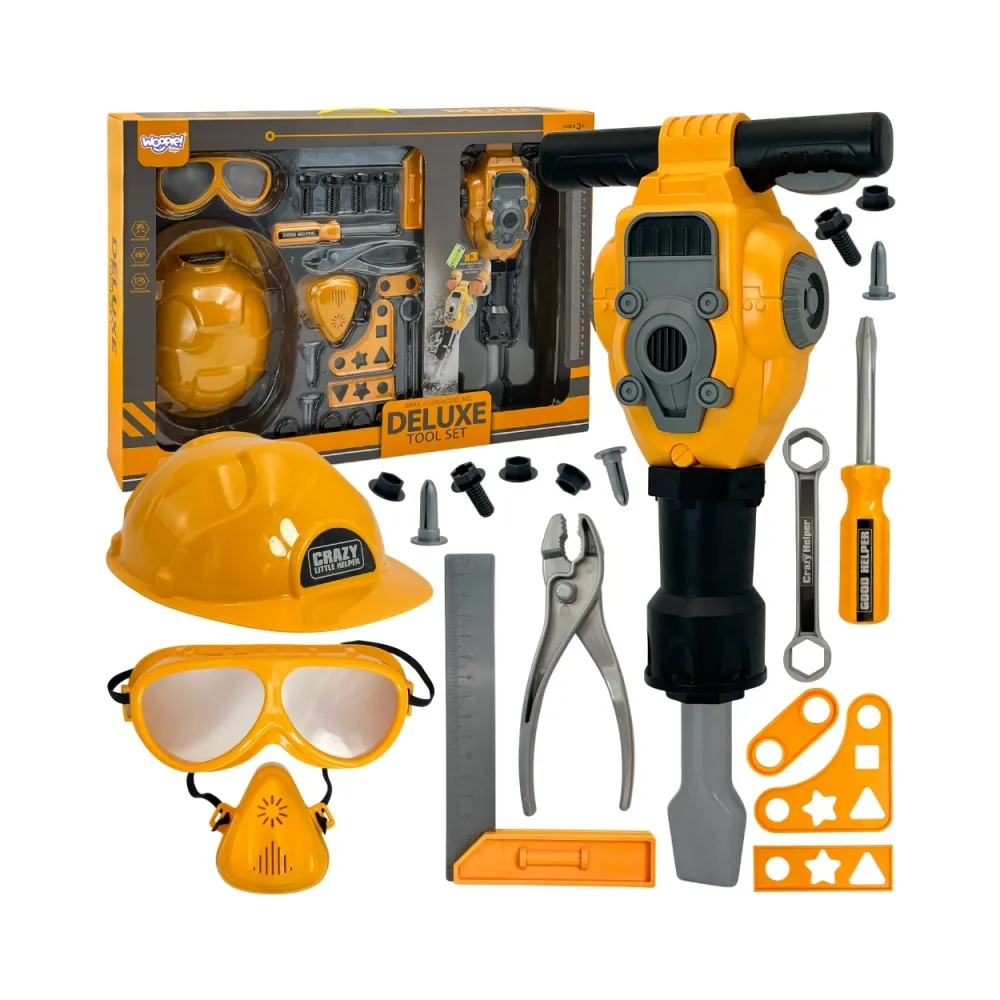 WOOPIE Zestaw Narzędzi Małego Majsterkowicza Gogle Kask Młot Pneumatyczny 21el.