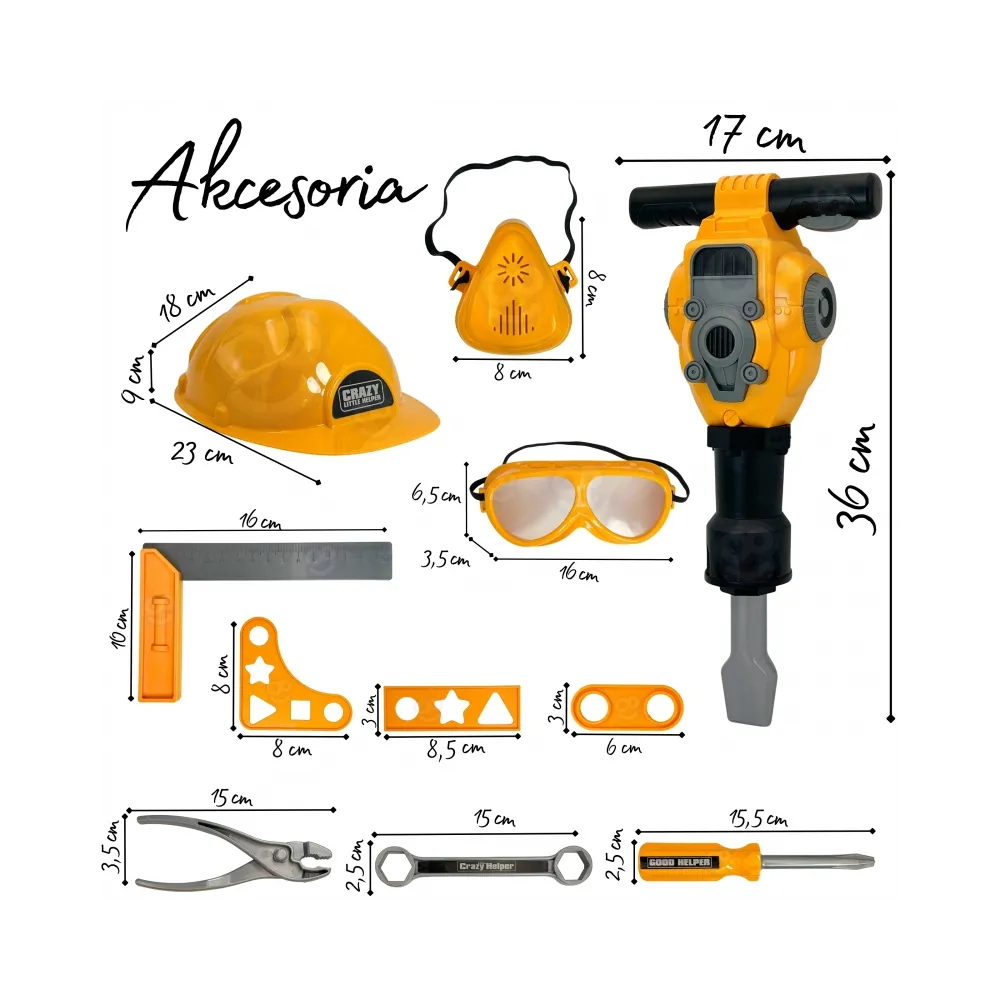 WOOPIE Zestaw Narzędzi Małego Majsterkowicza Gogle Kask Młot Pneumatyczny 21el.