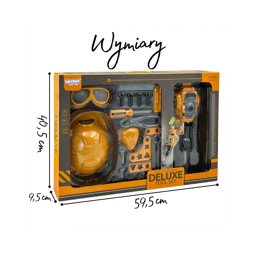 WOOPIE Zestaw Narzędzi Małego Majsterkowicza Gogle Kask Młot Pneumatyczny 21el.