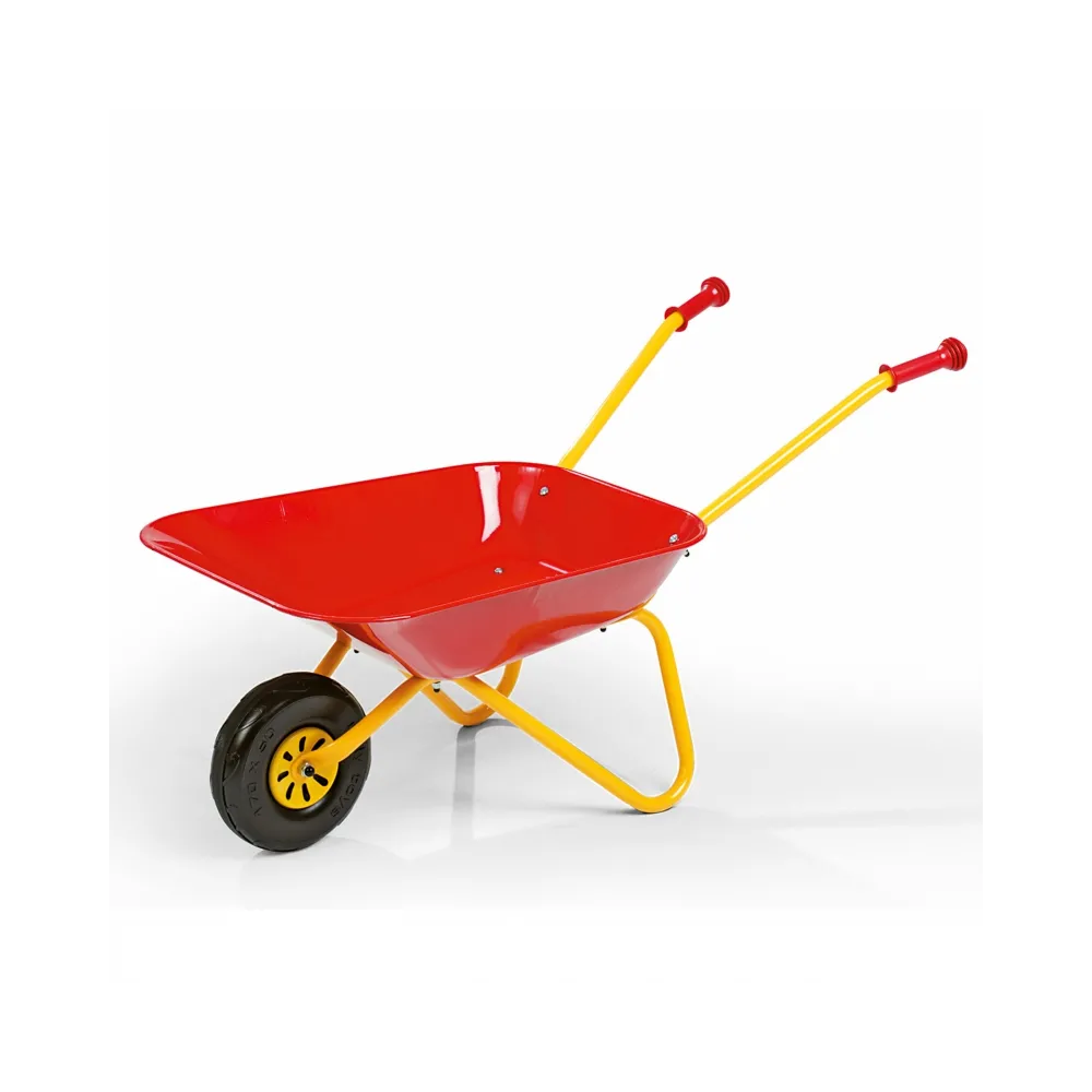 Czerwona taczka metalowa dla dzieci do zabawy w ogrodzie