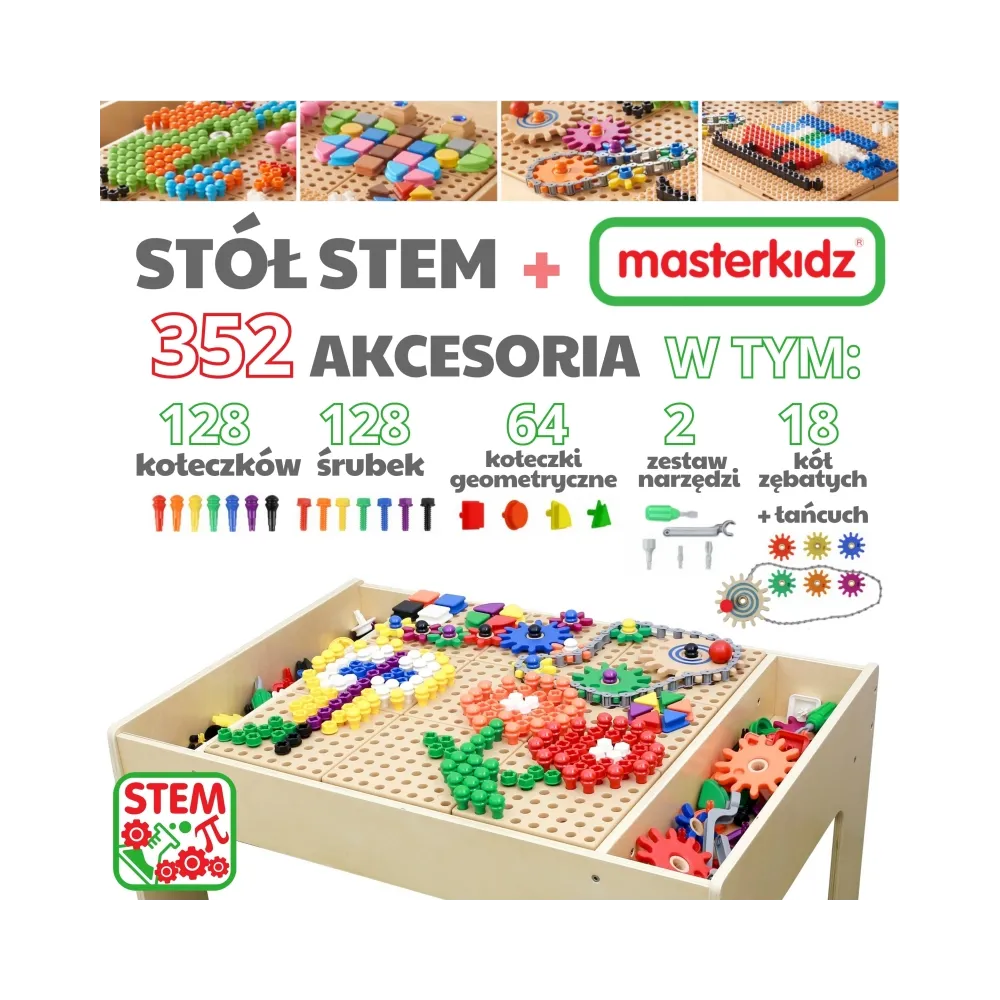 MASTERKIDZ Drewniany Stół Edukacyjny + AKCESORIA STEM WALL