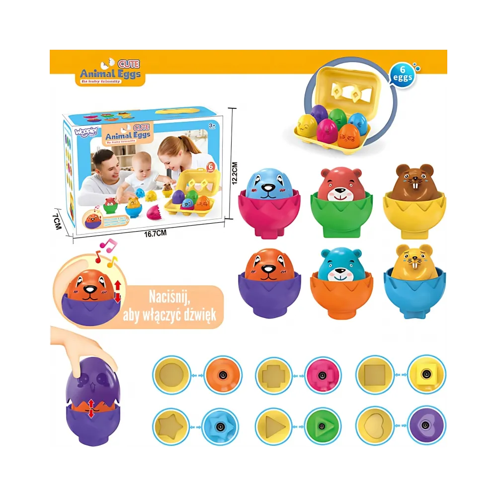 WOOPIE Układanka Sorter Montessori Dopasuj Kształty Wesołe Zwierzaki Jajka 6szt