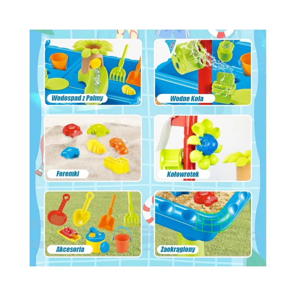 WOOPIE Stolik Wodny 2w1 Piaskownica z Krzesełkiem XL Aquapark 4-Baseny 13 akc.
