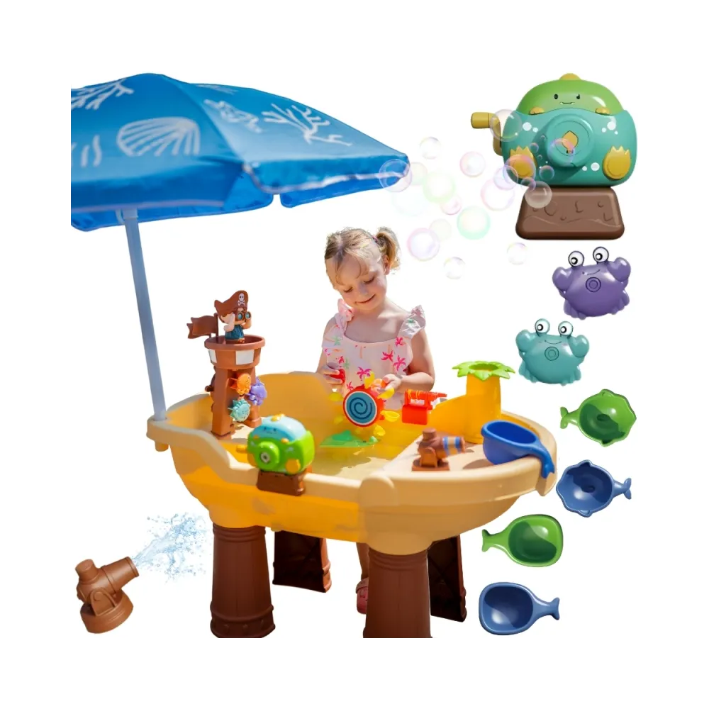 WOOPIE Stolik Wodny 2w1 Piaskownica Statek Piracki z Parasolem XL z Maszyna do Robienia Baniek Mydlanych