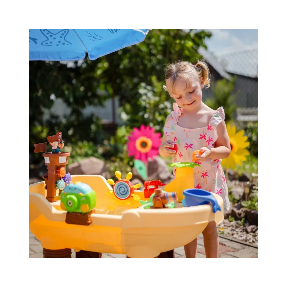 WOOPIE Stolik Wodny 2w1 Piaskownica Statek Piracki z Parasolem XL z Maszyna do Robienia Baniek Mydlanych
