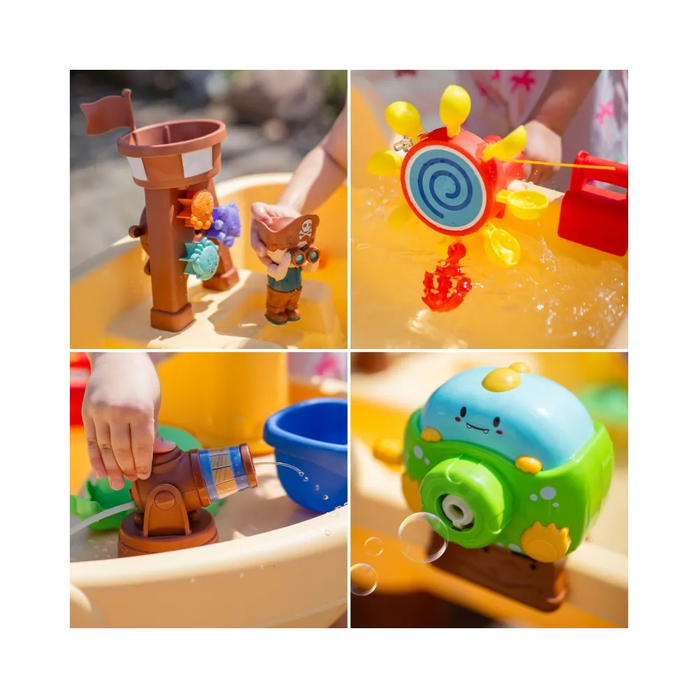 WOOPIE Stolik Wodny 2w1 Piaskownica Statek Piracki z Parasolem XL z Maszyna do Robienia Baniek Mydlanych