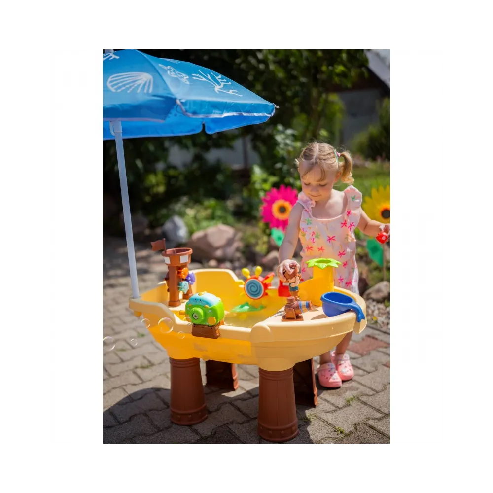 WOOPIE Stolik Wodny 2w1 Piaskownica Statek Piracki z Parasolem XL z Maszyna do Robienia Baniek Mydlanych