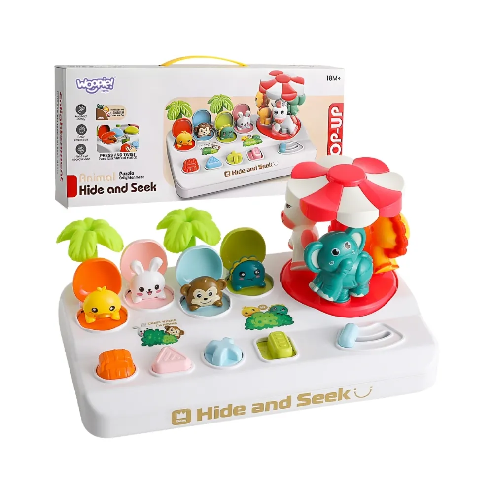 Wyskakujące zwierzątka zabawka pop up WOOPIE BABY na białym tle