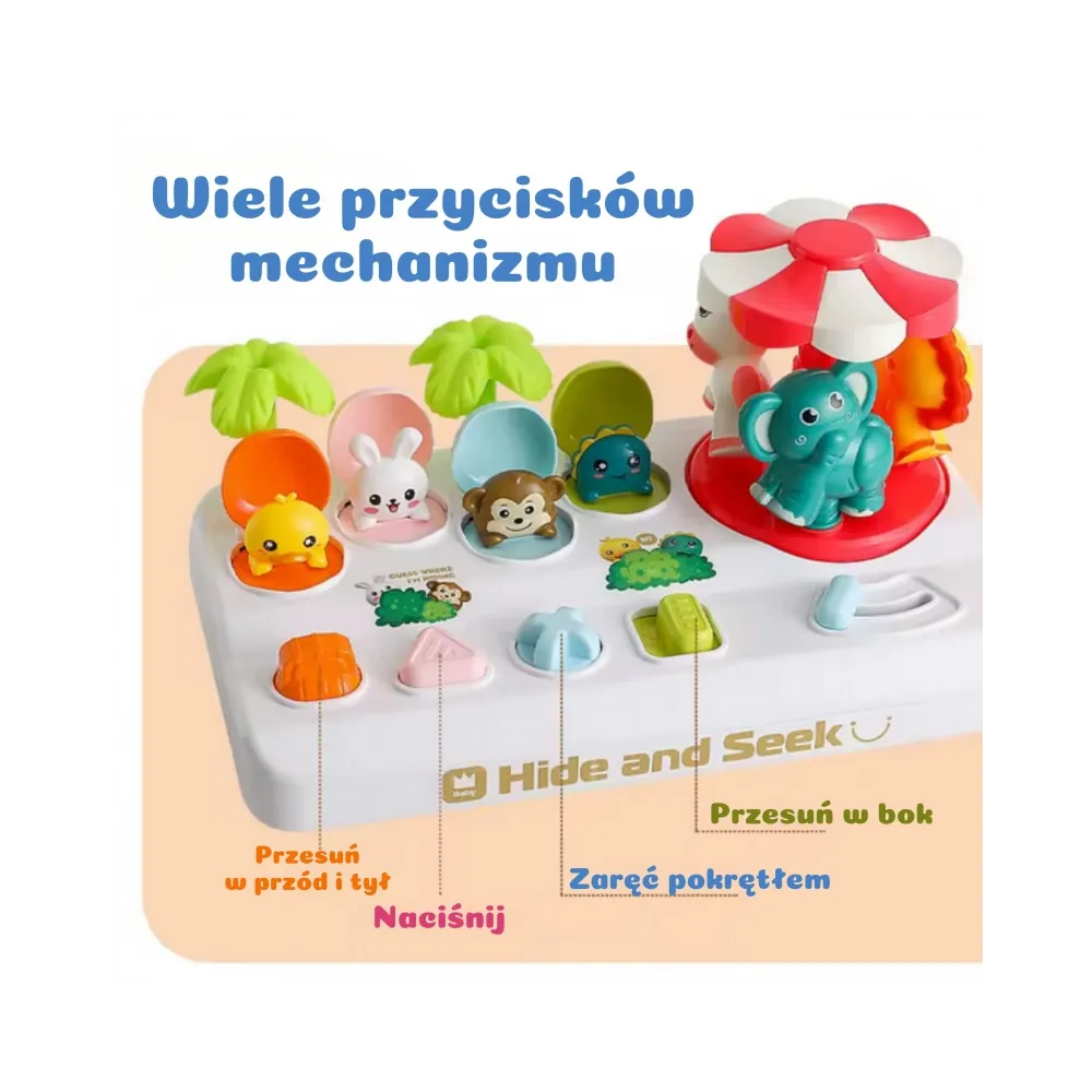 Kolorowe zwierzątka ukryte pod klapkami w zabawce pop up