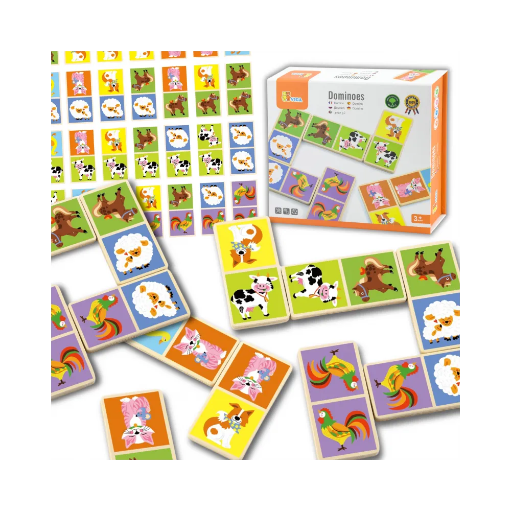 VIGA Edukacyjne Klocki Domino Drewniane gra Farma 28 elementów Montessori