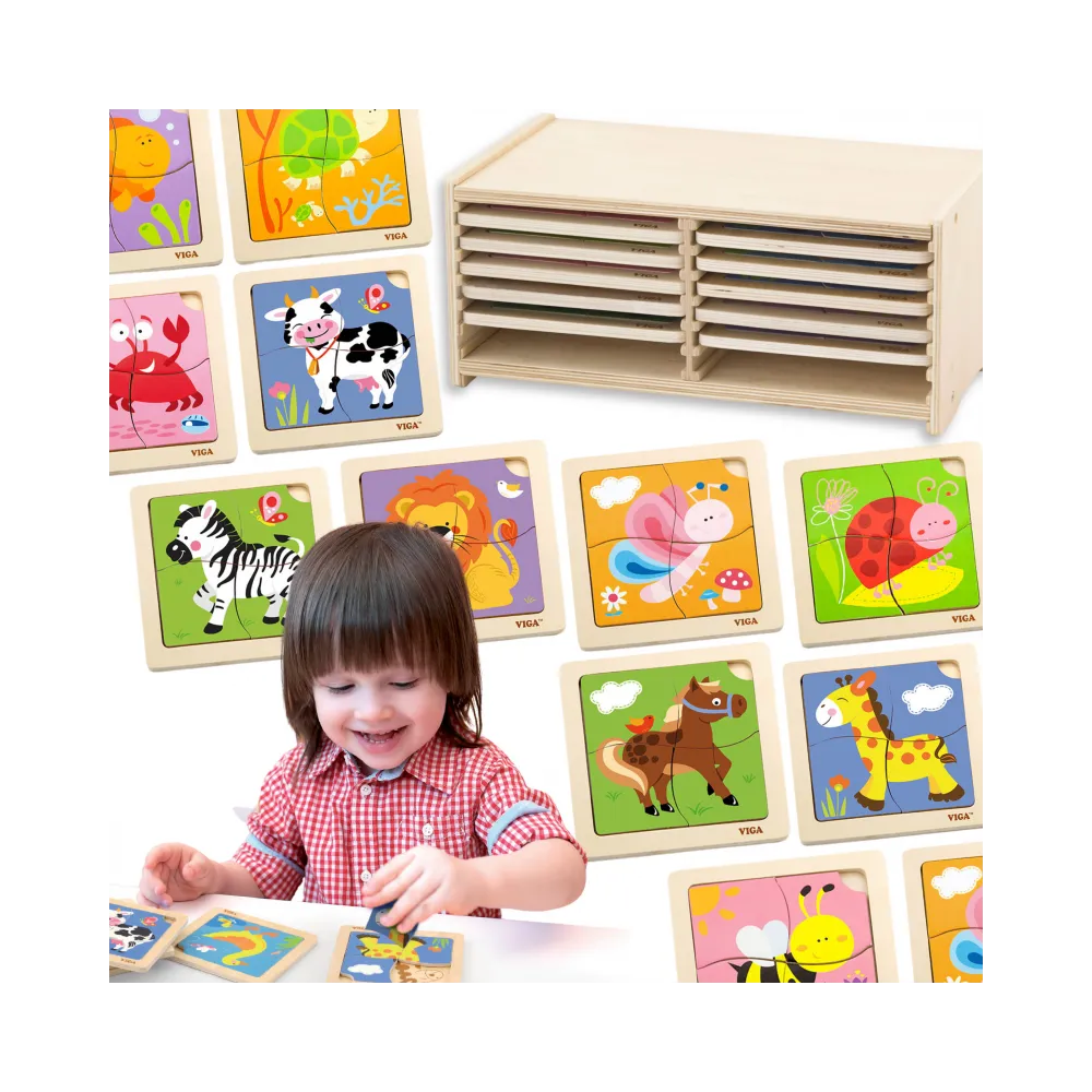 VIGA Puzzle drewniane 12 plansz po 4 puzzle w stojaku