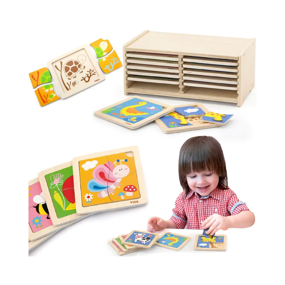 VIGA Puzzle drewniane 12 plansz po 4 puzzle w stojaku