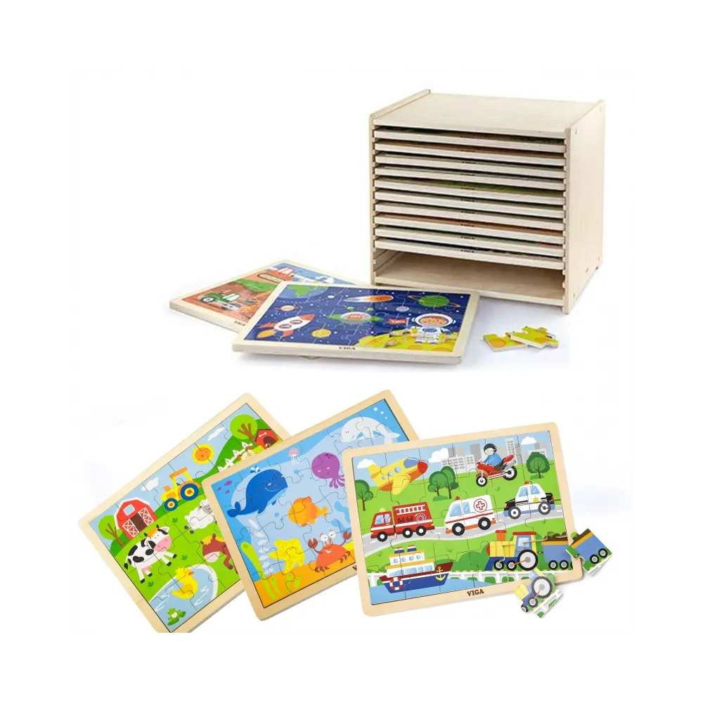 Viga Zestaw Puzzle drewniane 12 układanek po 24 el. na stojaku