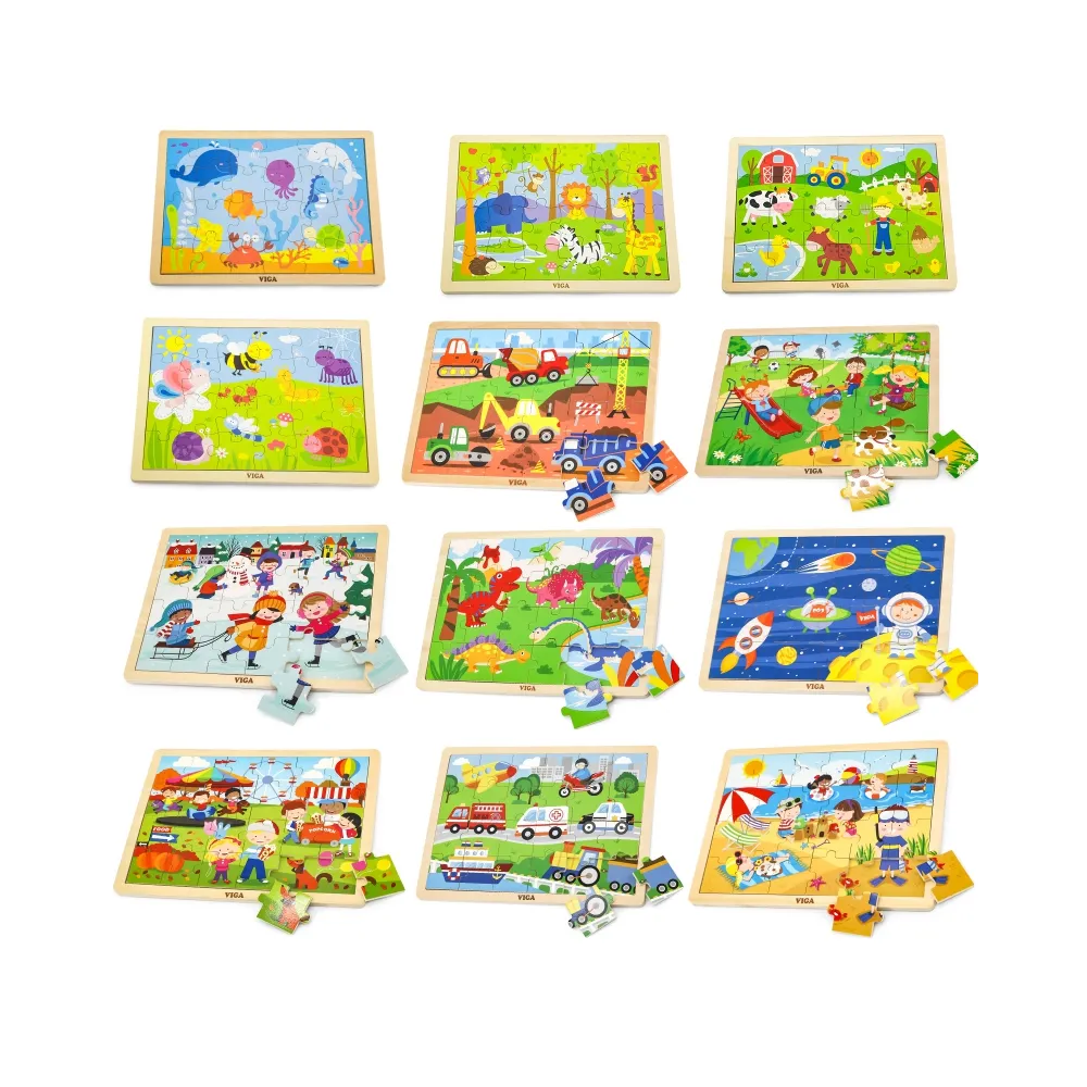 Viga Zestaw Puzzle drewniane 12 układanek po 24 el. na stojaku