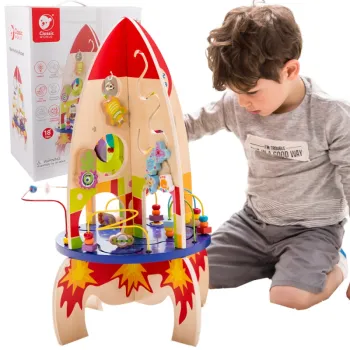 Drewniana rakieta edukacyjna z kolorowymi elementami motorycznymi