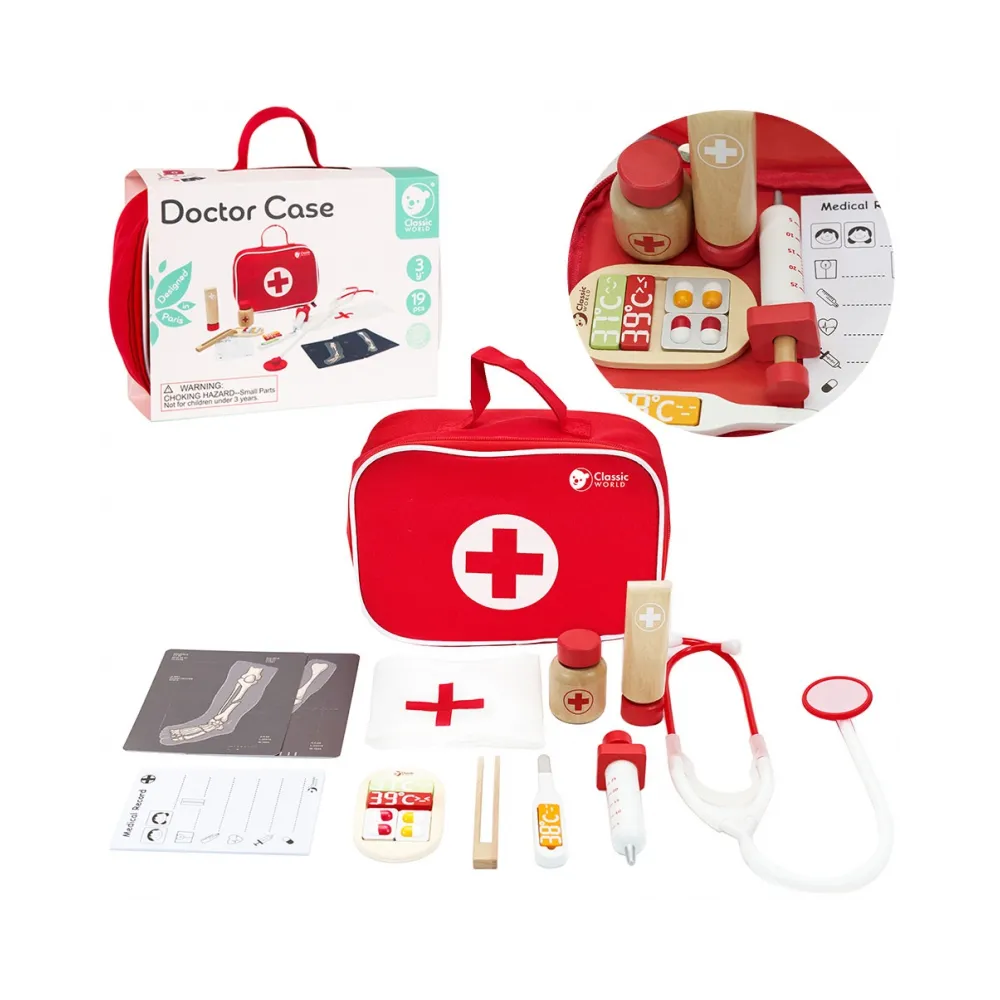 CLASSIC WORLD Drewniany Zestaw Walizka Małego Doktora Lekarza 19 el.