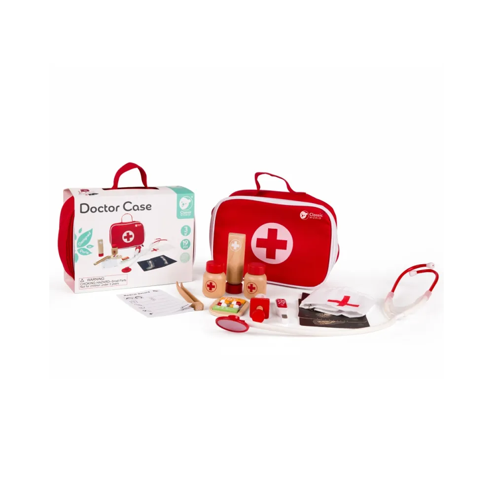 CLASSIC WORLD Drewniany Zestaw Walizka Małego Doktora Lekarza 19 el.