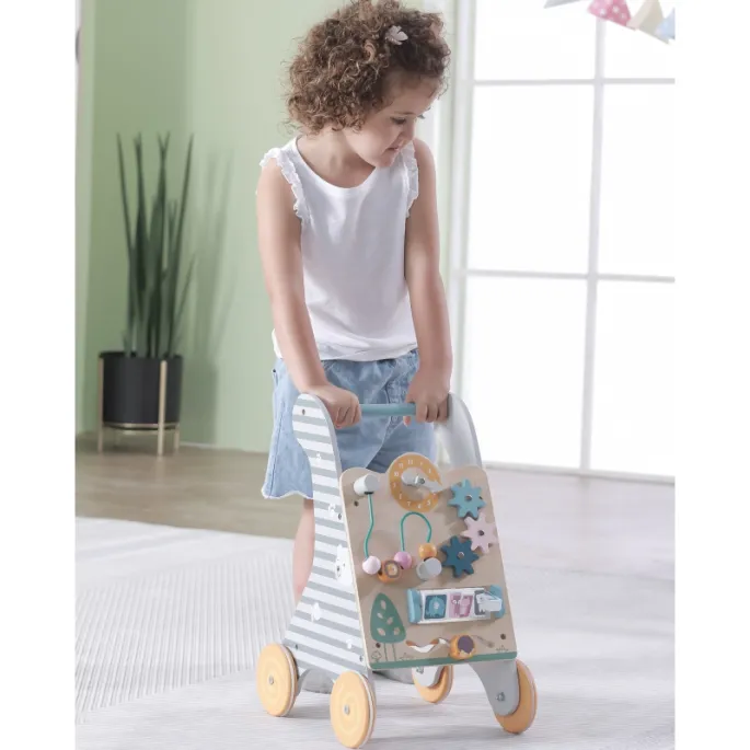 Bezpieczny drewniany pchacz z kolorowymi koralikami