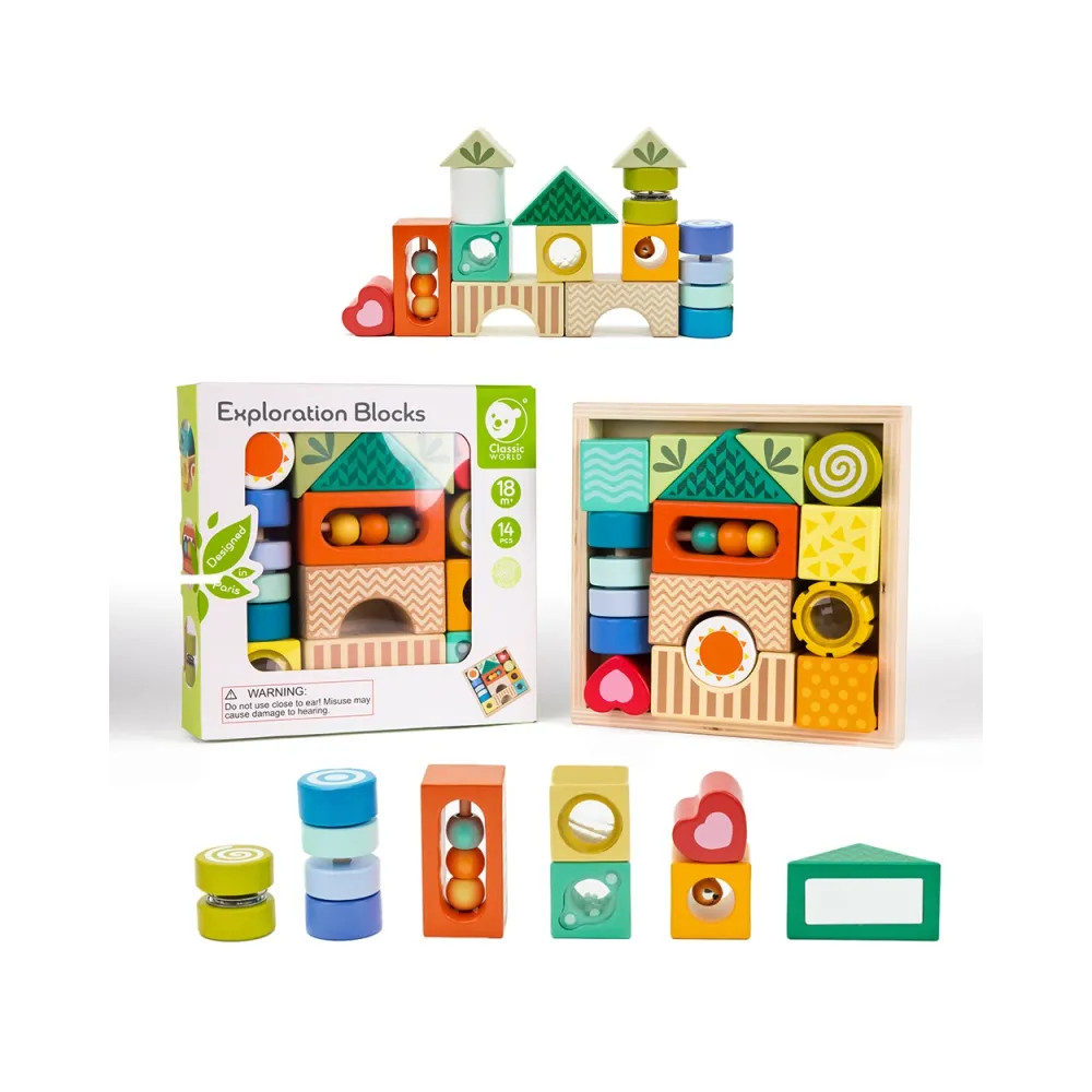 CLASSIC WORLD Drewniane Klocki Sensoryczne 7 Funkcji Układanka Multifunkcyjna Kształty Dźwięk MONTESSORI 14 el.