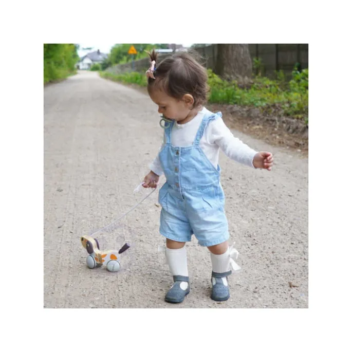 Zabawka drewniana piesek na kółkach z gumowymi nakładkami