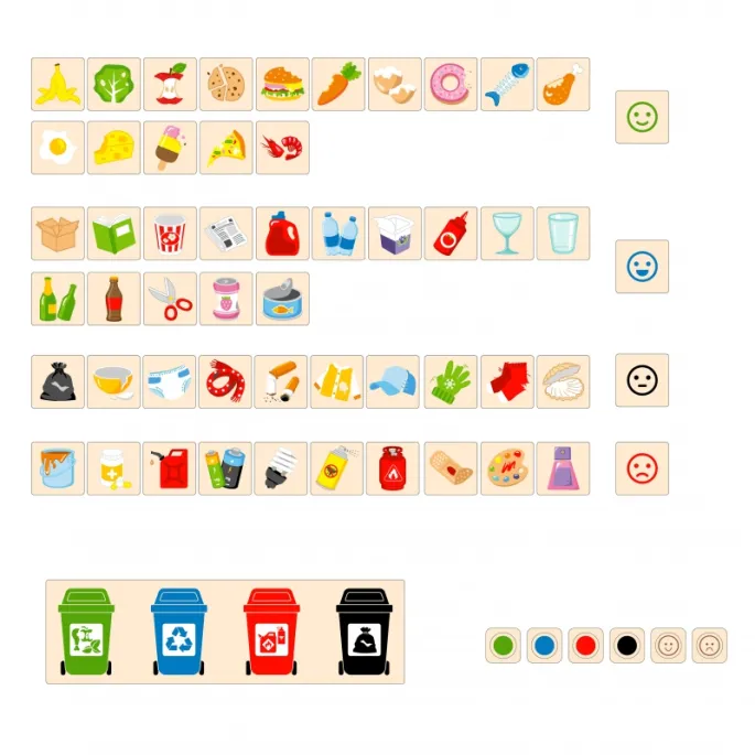 Edukacyjna gra o sortowaniu odpadów z kolorowymi płytek