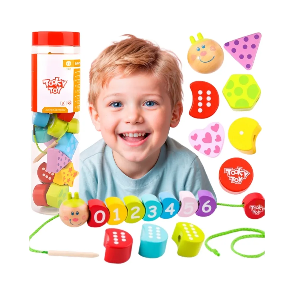 TOOKY TOY Drewniane Klocki do Nawlekania Gąsienica Nauka Liczenia 20 el.