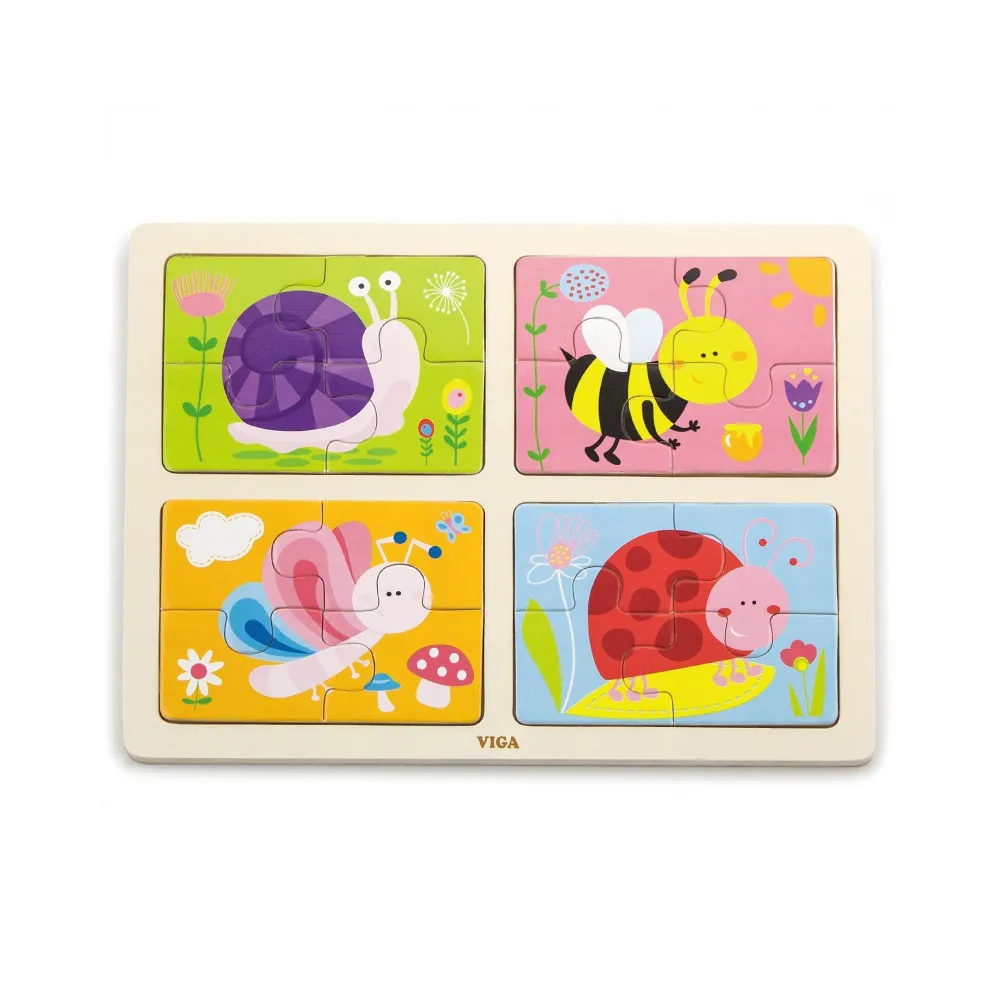 Drewniane puzzle z kolorowymi owadami dla dzieci.