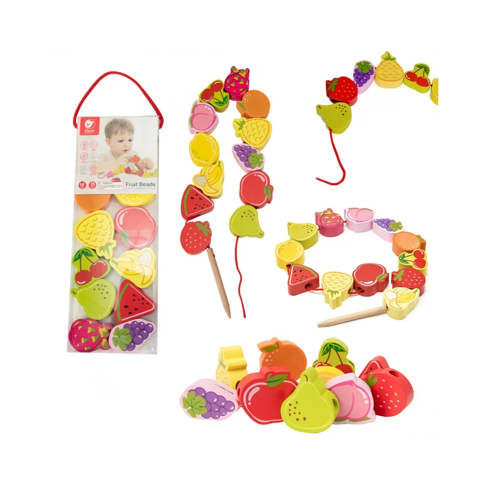 CLASSIC WORLD Drewniane Klocki do Nawlekania Owoce 13 el.