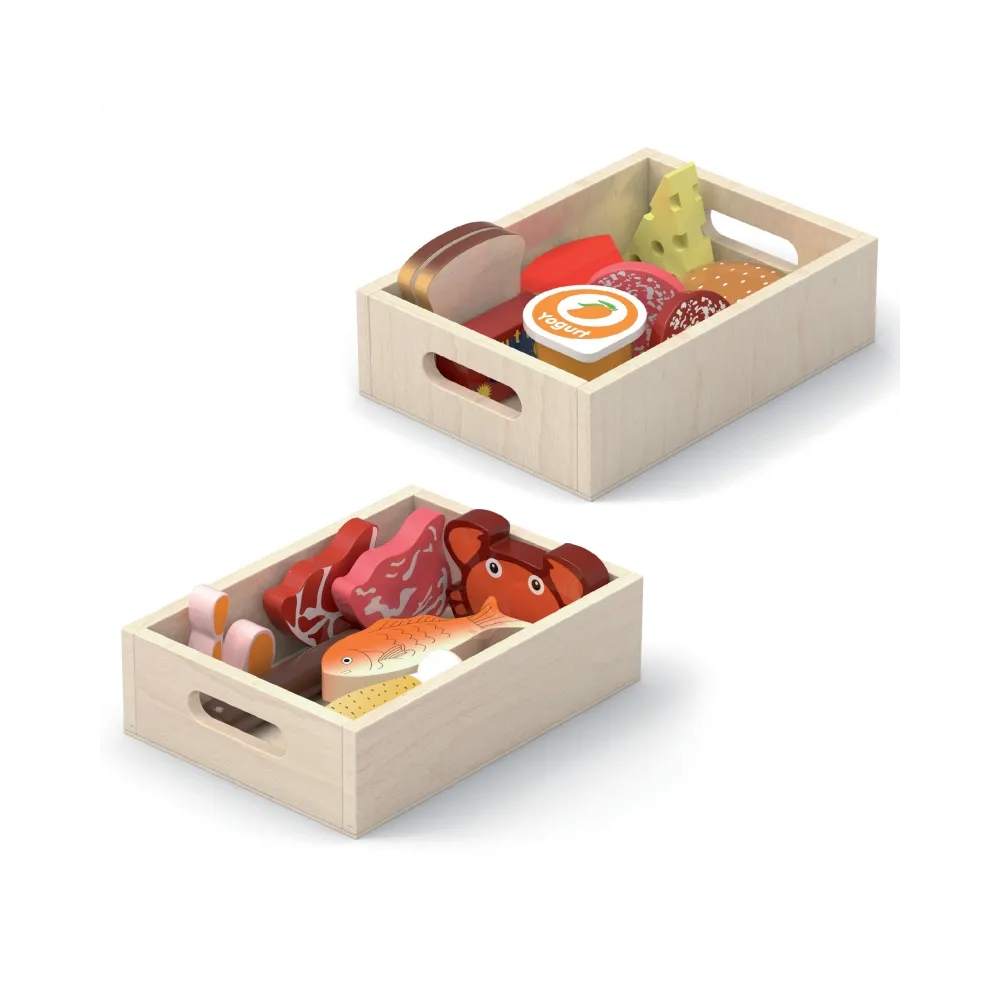 VIGA Drewniany Zestaw Artykułów Spożywczych w Skrzynkach Śniadanie Ryby Mięso Nabiał