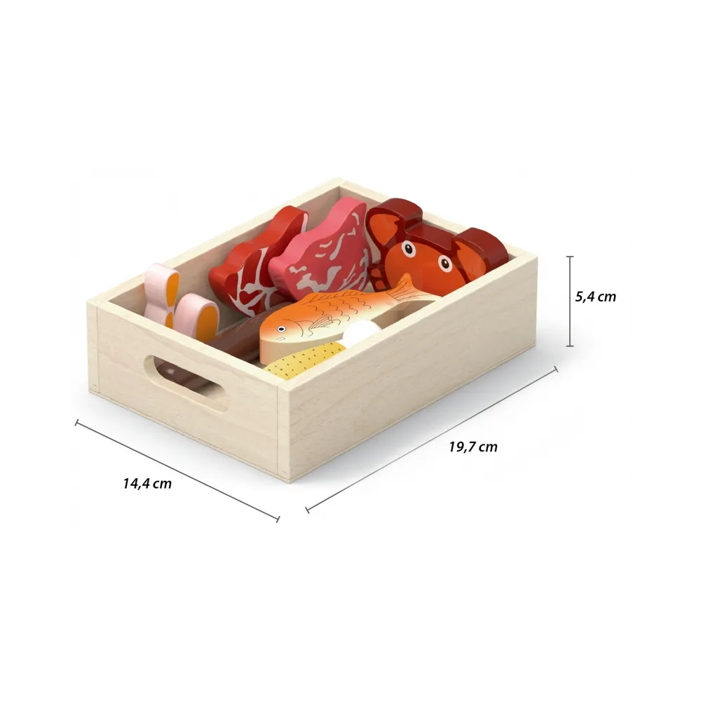 VIGA Drewniany Zestaw Artykułów Spożywczych w Skrzynkach Śniadanie Ryby Mięso Nabiał