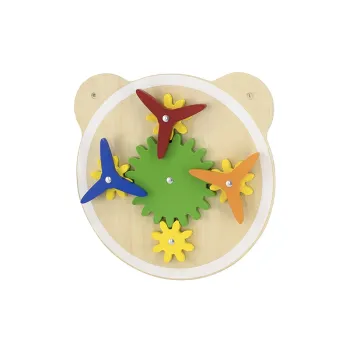 Kolorowa drewniana tablica edukacyjna z wiatraczkami i kołami zębatymi