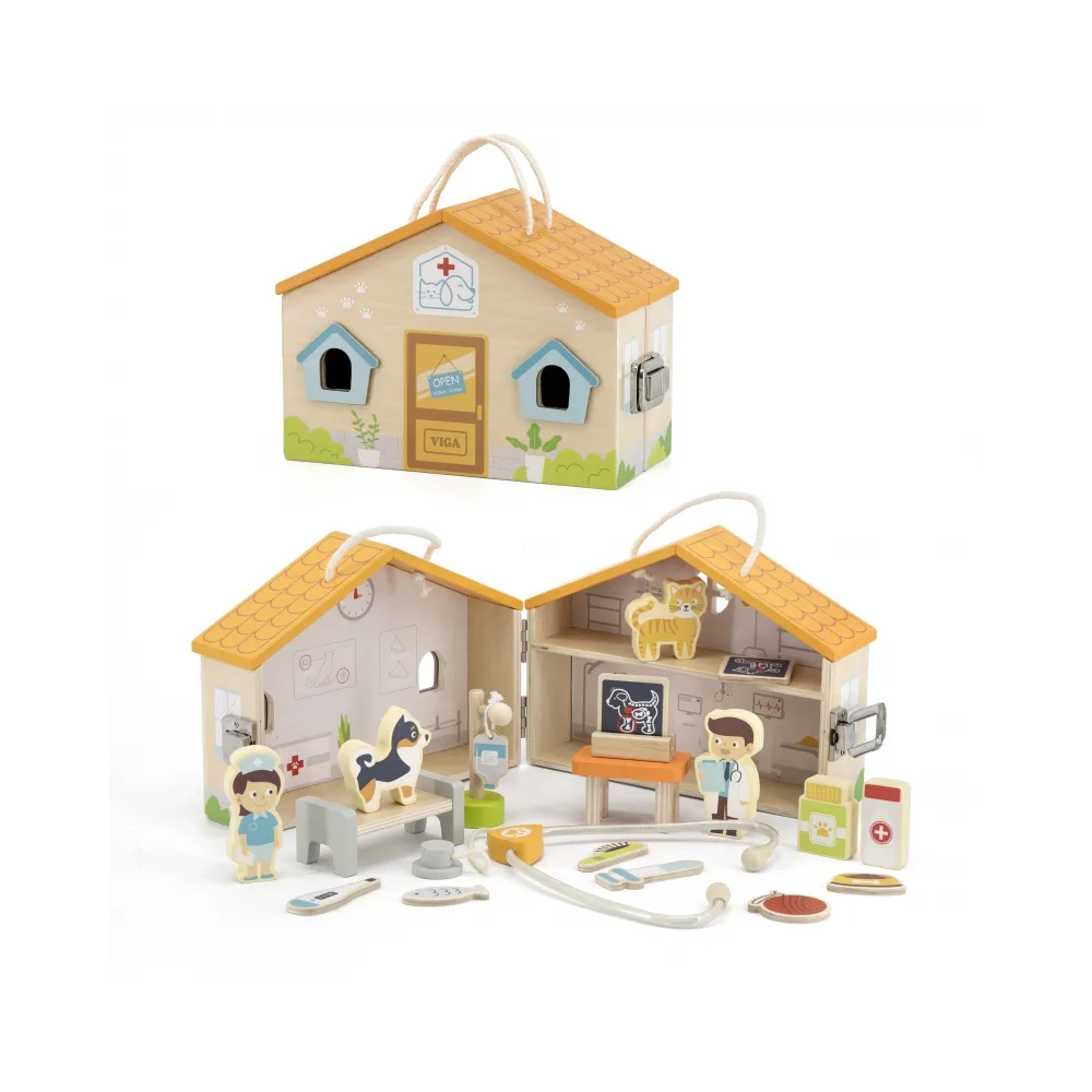 Drewniana klinika weterynaryjna VIGA z akcesoriami i figurkami dla dzieci