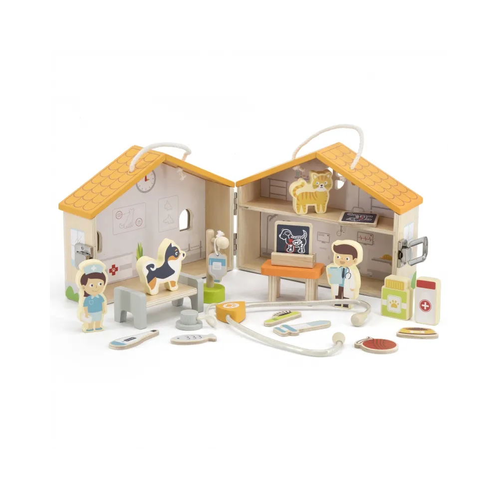 VIGA klinika drewniana z uchwytami i figurkami do zabawy dla maluchów