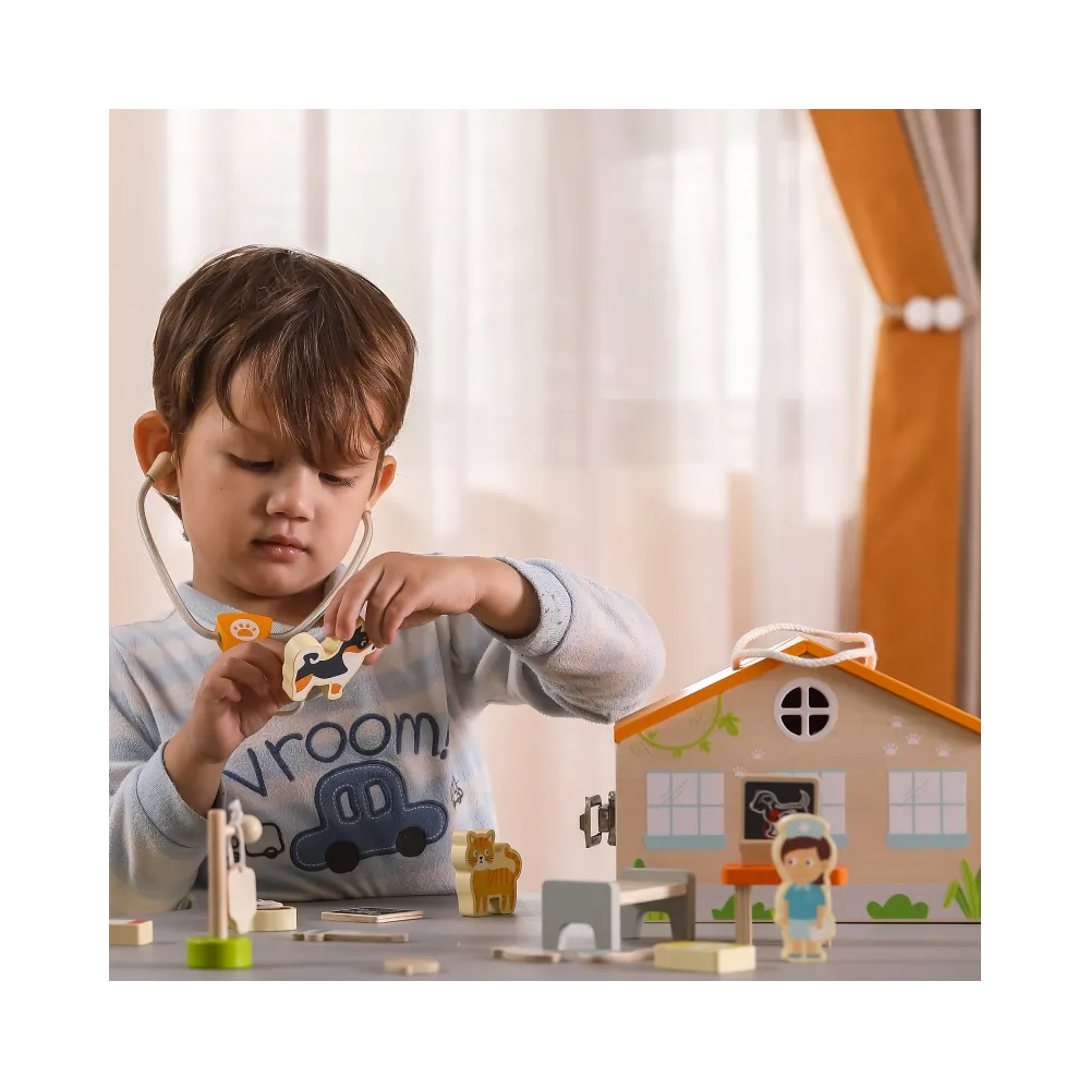 Zabawka edukacyjna klinika dla zwierząt z drewna bukowego dla dzieci