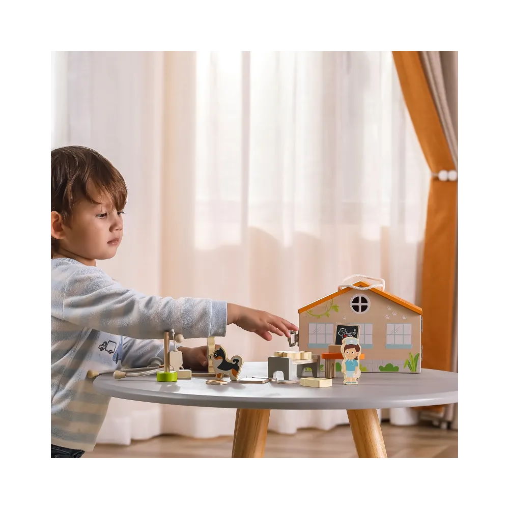 Drewniana przenośna klinika weterynaryjna dla małych miłośników zwierząt