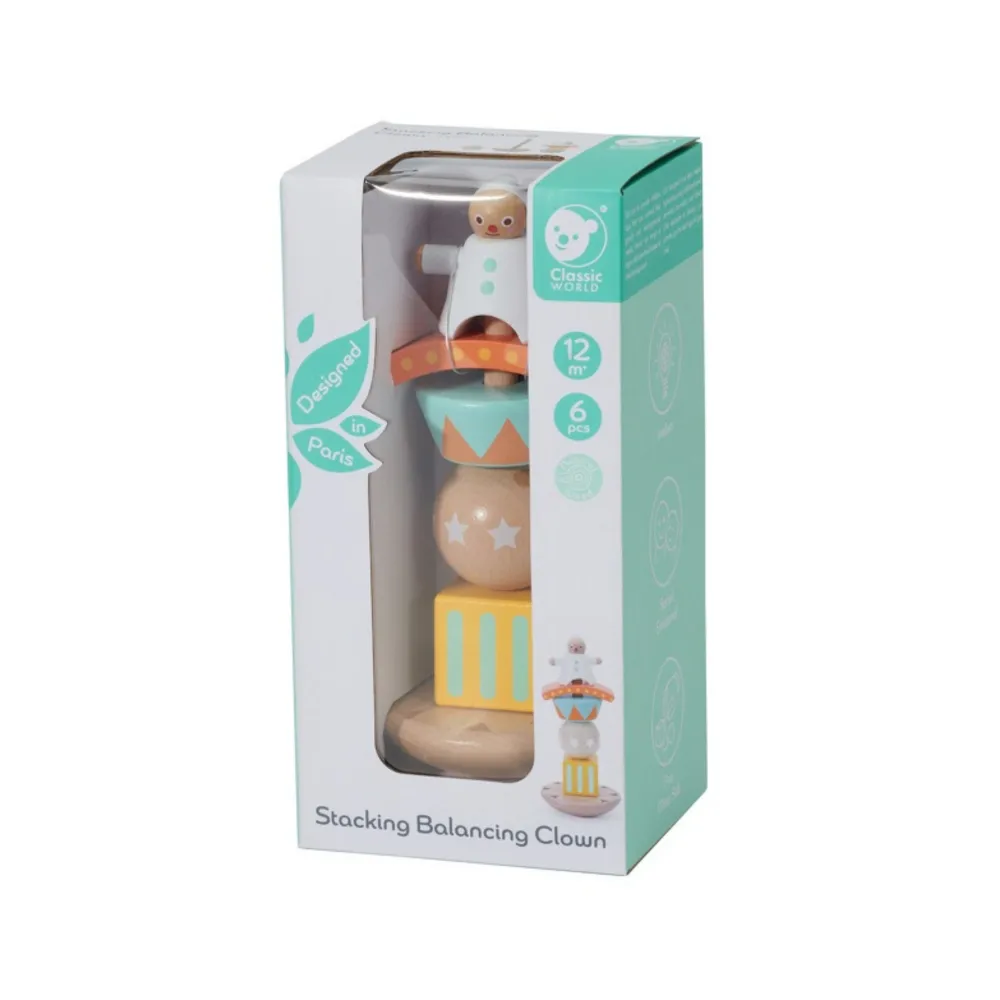 CLASSIC WORLD Drewniana Układanka Piramidka Klocki Balansujący Wesoły Klaun