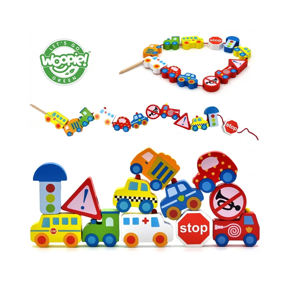 WOOPIE GREEN Drewniane Klocki do Nawlekania Pojazdy Samochody 13 el.