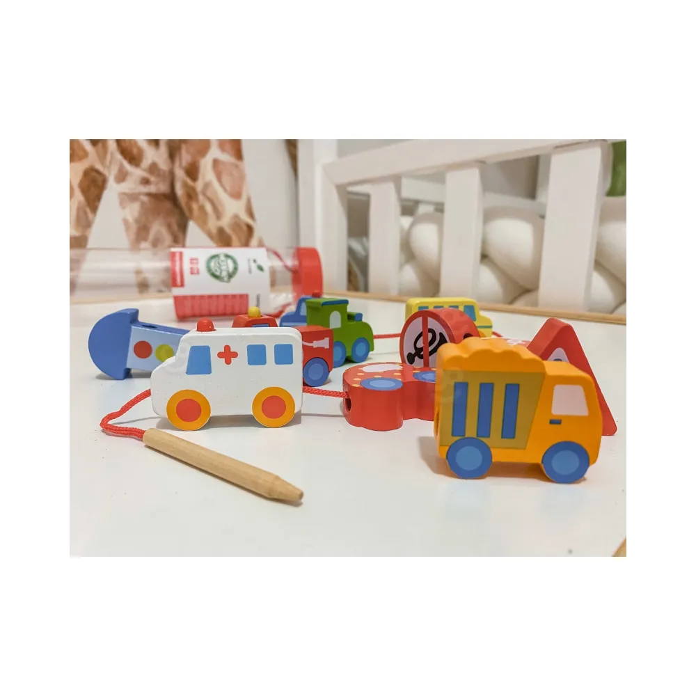 WOOPIE GREEN Drewniane Klocki do Nawlekania Pojazdy Samochody 13 el.